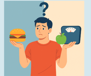 A confused man holding a burger in one hand and an apple with a scale in the other, with a question mark above his head—illustrating the decision-making struggle common in the Metabolic Confusion Diet.