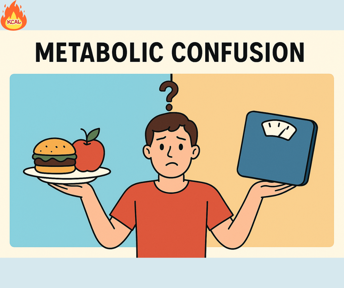 Illustration of a confused man holding a hamburger and apple in one hand and a bathroom scale in the other, symbolizing the concept of metabolic confusion in dieting.