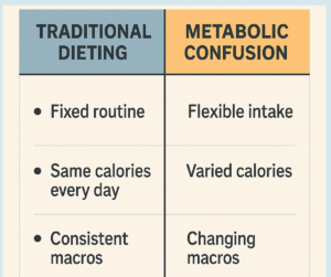 Comparison chart of traditional dieting vs metabolic confusion strategy