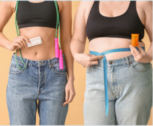 Before and after comparison of two women illustrating Weight Loss After 40 for Women, featuring tape measure, pills, and jump rope as visual elements.